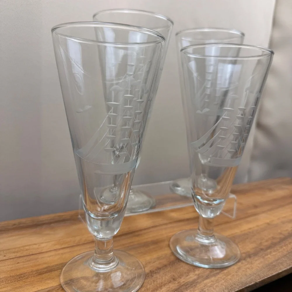 Vintage Javit Crystal Etched Clipper Ship Pilsner Glasses Set of 4 Nautical Bar